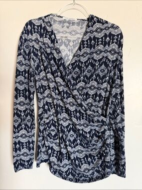 Lilac Clothing Maternity Navy and White Patterned FauxWrap-Style Long Sleeve Top